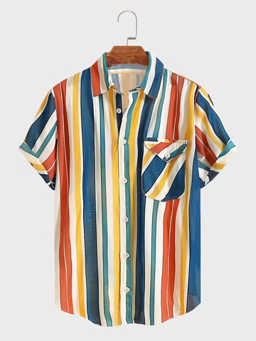 Striped Chest Pocket Lapel Collar Shirts