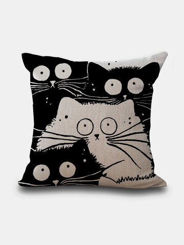 Valentine Black And White Cats Pattern Linen Cushion Cover Home Sofa Art Decor Throw Pillowcase