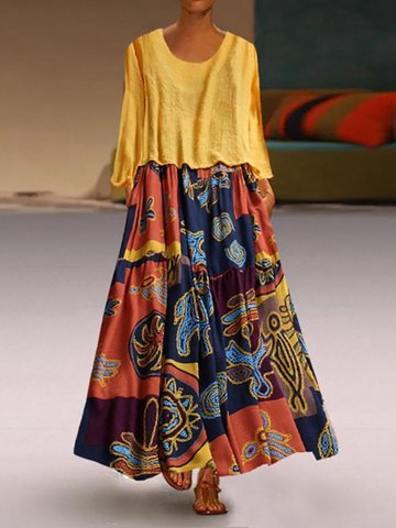 

Two Picecs Ethnic Print Dress, Yellow navy red