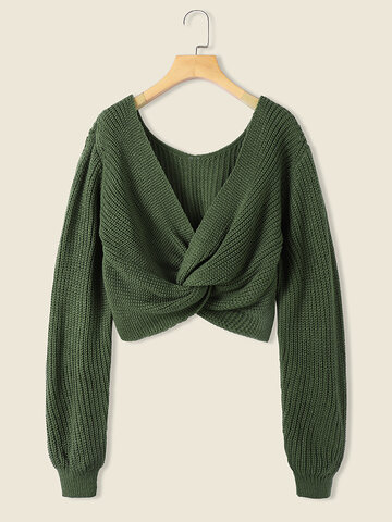 Twisted Solid Cropped V-neck Sweater