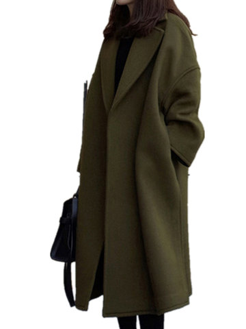 

Turn-down Callor Loose Long Section Woolen Coat, Army green