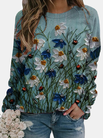 Flower Calico Print  O-neck Casual Sweatshirt For Women