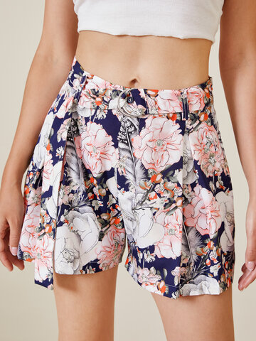 Flower Belt Pocket Wide Leg Shorts