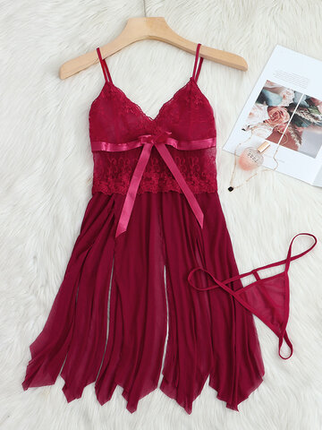 Lace Bowknot Solid Color Babydolls