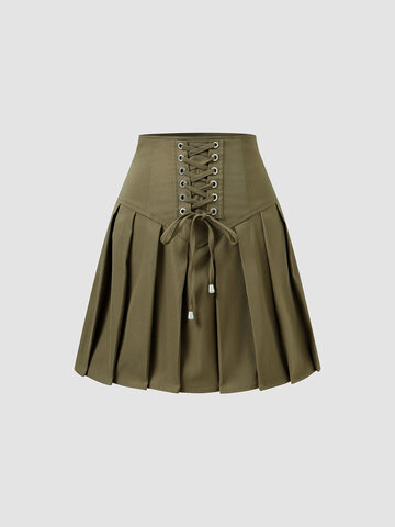 Solid Pleated Lace Up Skirt