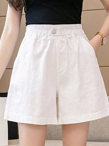 Solid Elastic Waist Button Pocket Casual Shorts