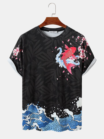 Floral Fish Wave Print T-Shirts