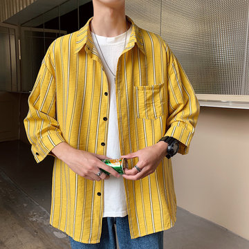 

Season Men's Seven-point Sleeve Striped Shirt Trend Loose Plus Fertilizer XL Collar Collar Inch Fat Port Wind Shirt
