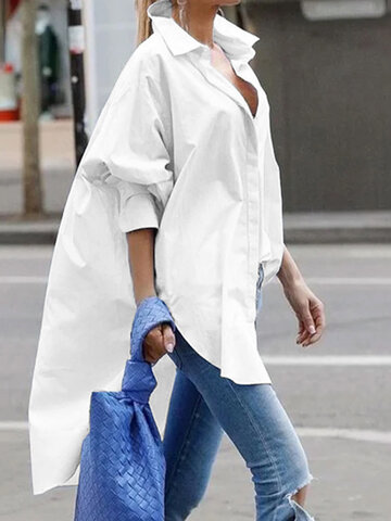 Solid High-low Button Loose Shirt