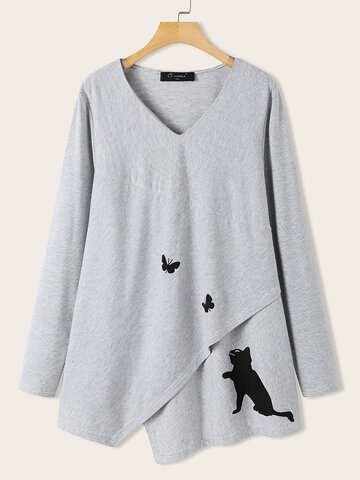 T-shirt à ourlet asymétrique et imprimé chat