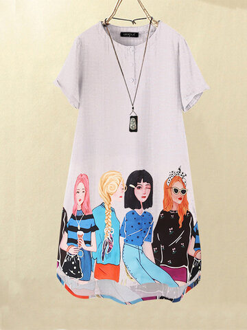 Cartoon Girls Graphic Pocket Dress