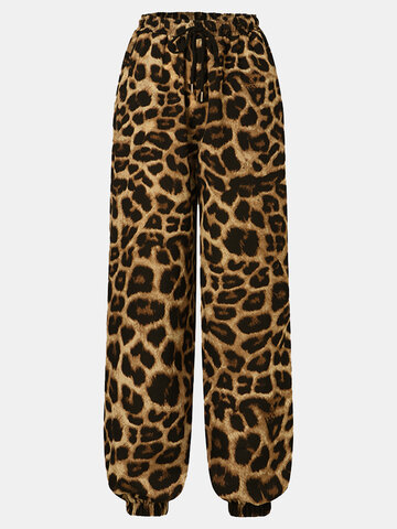 Leopard Print Drawstring Casual Pants