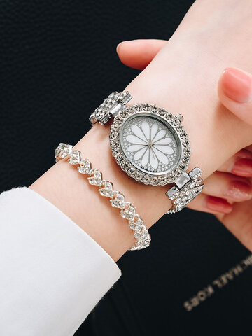 2 Pcs/Set Women Full Rhinestones Quartz Watch Bracelet