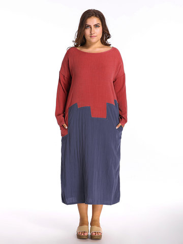 

O-Newe Folk Style Contrast Color Stitching Maxi Dress, Royal blue khaki wine red