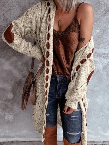 Long Sleeve Hooded Knit Patchwork Cardigan For Women