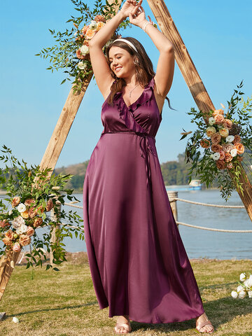 Plus Size Purple Deep V Neck Tie-up Wrap Design Dress