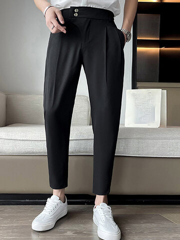 Solid Snap Button Waist Pants
