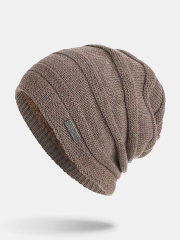 Men Winter Plus Velvet Striped Pattern Knitted Beanie Hat