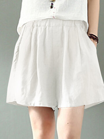 Cotton Solid Elastic Waist Casual Shorts
