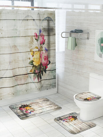 Wooden Board Love Bouquet Printing Toilet Floor Mat Four-Piece Bathroom Non-Slip Carpet Set