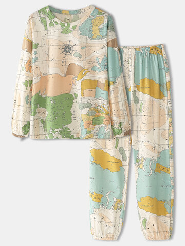 World Map Print Cotton Pajamas Set