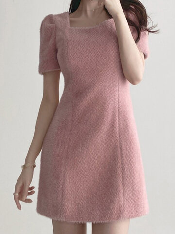 Solid A-line Square Collar Dress