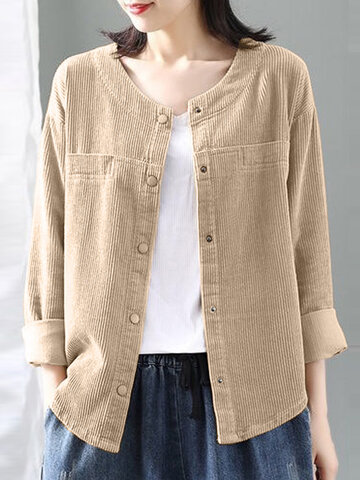 Solid Corduroy Long Sleeve Button Front Casual Jacket