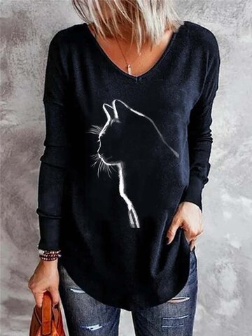 Cat Print V-Neck Casual T-Shirt