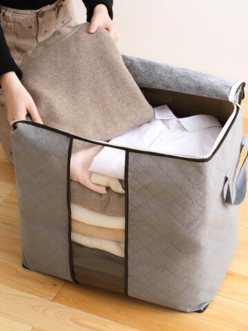 <US Instock> High Capacity Clothes Quilts Storage Bag Folding Organizer Bags Bamboo Portable Storage Container-Gray