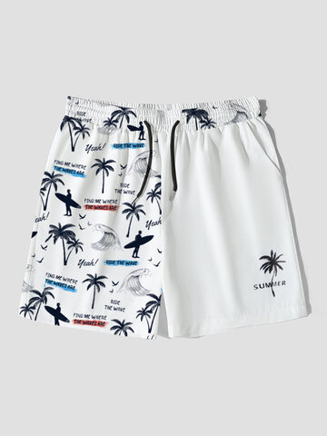 Coconut Tree Print Patchwork Shorts