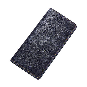 Porte-cartes portefeuille en cuir véritable avec motif de passeport de stockage de fleurs long-Bleu