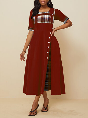 Plaid Patched Pleated Maxi Dres
