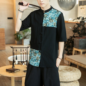 

Retro Improved Tang Suit Men's Youth Linen Cropped Sleeve Shirt Chinese Style Chinese Style Buckle Hanfu Cotton Collar