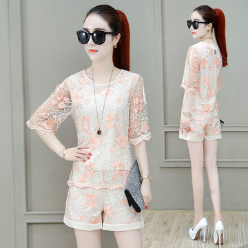 

W052826 Season New Lace Suit Short-sleeved Strapless Temperament Small Shirt Shorts Two-piece