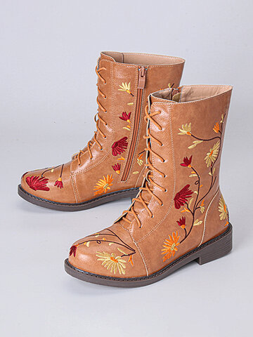 Women Flowers Zipper Mid Calf Boots