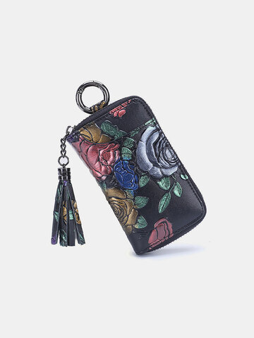 Tassel Genuine Leather Key Case Floral Rose Keychain Wallet