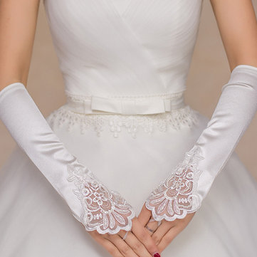 

Bridal White Long Lace Gloves Marriage Fingerless Beads Wedding Gloves