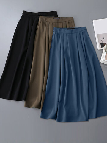 Solid A-line Pleated Casual Skirt For Women