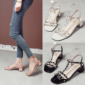 

Sexy Thick With Sandals Women's New Season Hollow Rivets Open Toe Women's Shoes Word Buckle Was Thin With Sandals
