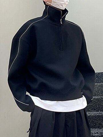 Kontrastfarbenes, paspeliertes Sweatshirt mit halbem Reißverschluss