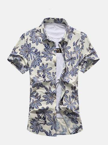 Plus Size Outdoor Beach Seaside Flowers Printing Loose Soft Short Sleeve Dress Shirts for Men