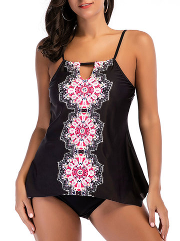 

Plus Size Printed Cover Belly Tankini Sets, Black