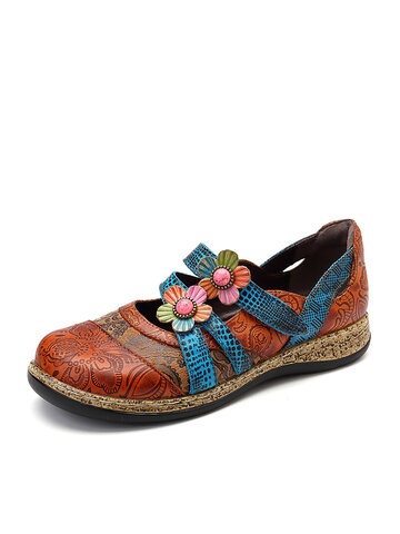 Vintage Leather Floral Flat Shoes