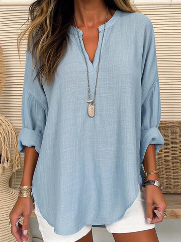Solid Notched Neck Loose Blouse