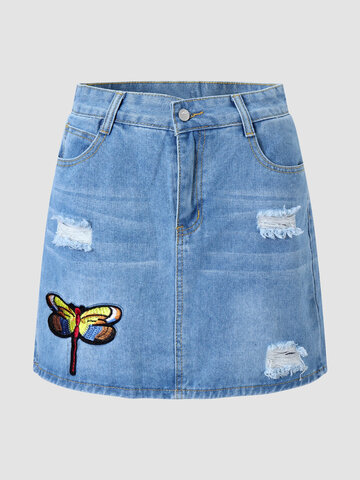 Butterfly Embroidery Ripped Skirt