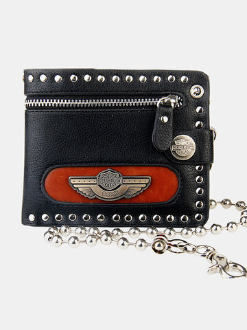 Genuine Leather Business RFID Geometric Multi-pocket Card Holder Wallet Rivet Chain