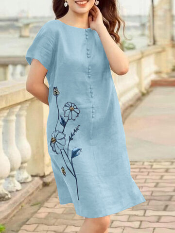 Floral Embroidered Crew Neck Dress