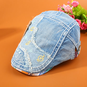 Fahion Kids Boys Girls Vintage Denim Beret Hat Casual Visors Embroidered Flat Berets Hat Adjustable
