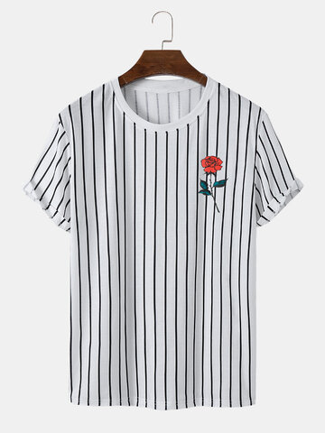 Gestreifte T-Shirts mit Rosendruck auf der Brust
