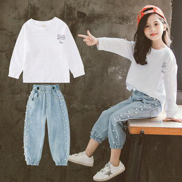Letter Sweater Pearl Jeans Two-piece